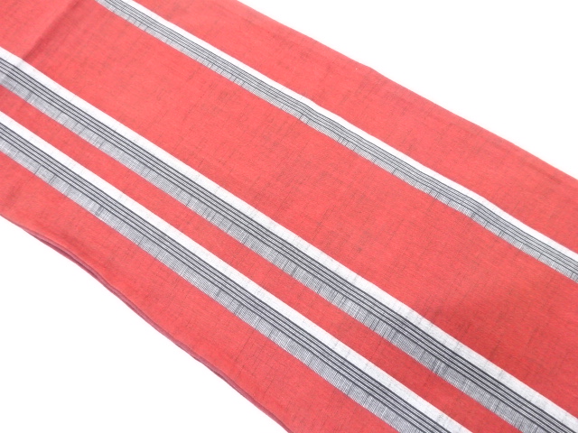 綿紬　縞模様織り出し　全通袋帯